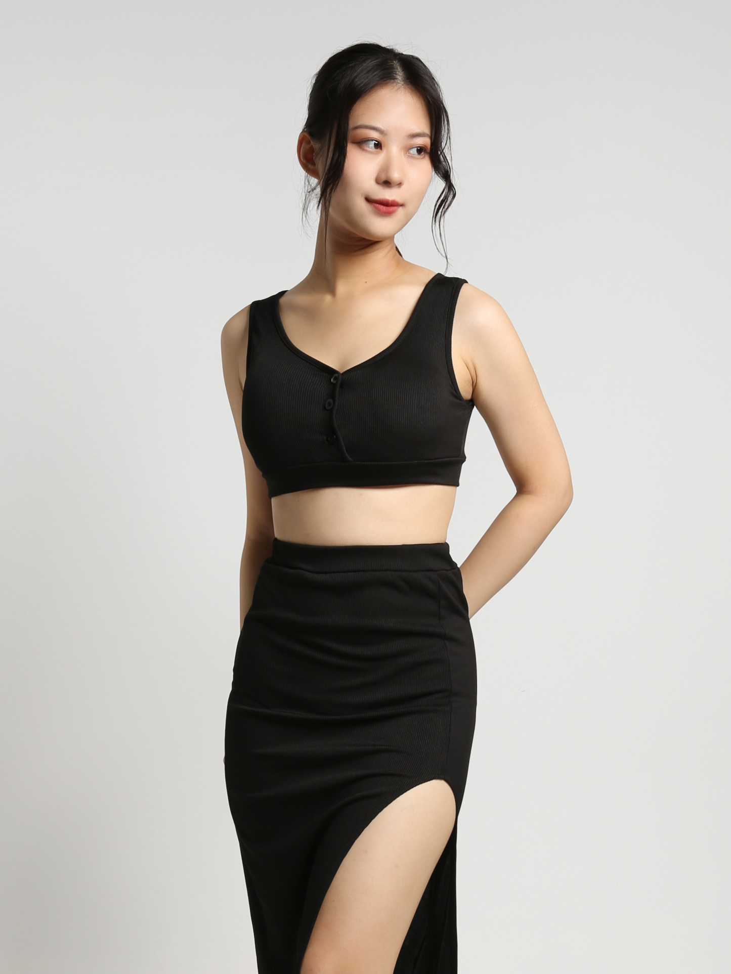 Sleeveless Front Button Crop Top With High Split Skirt Set 23224