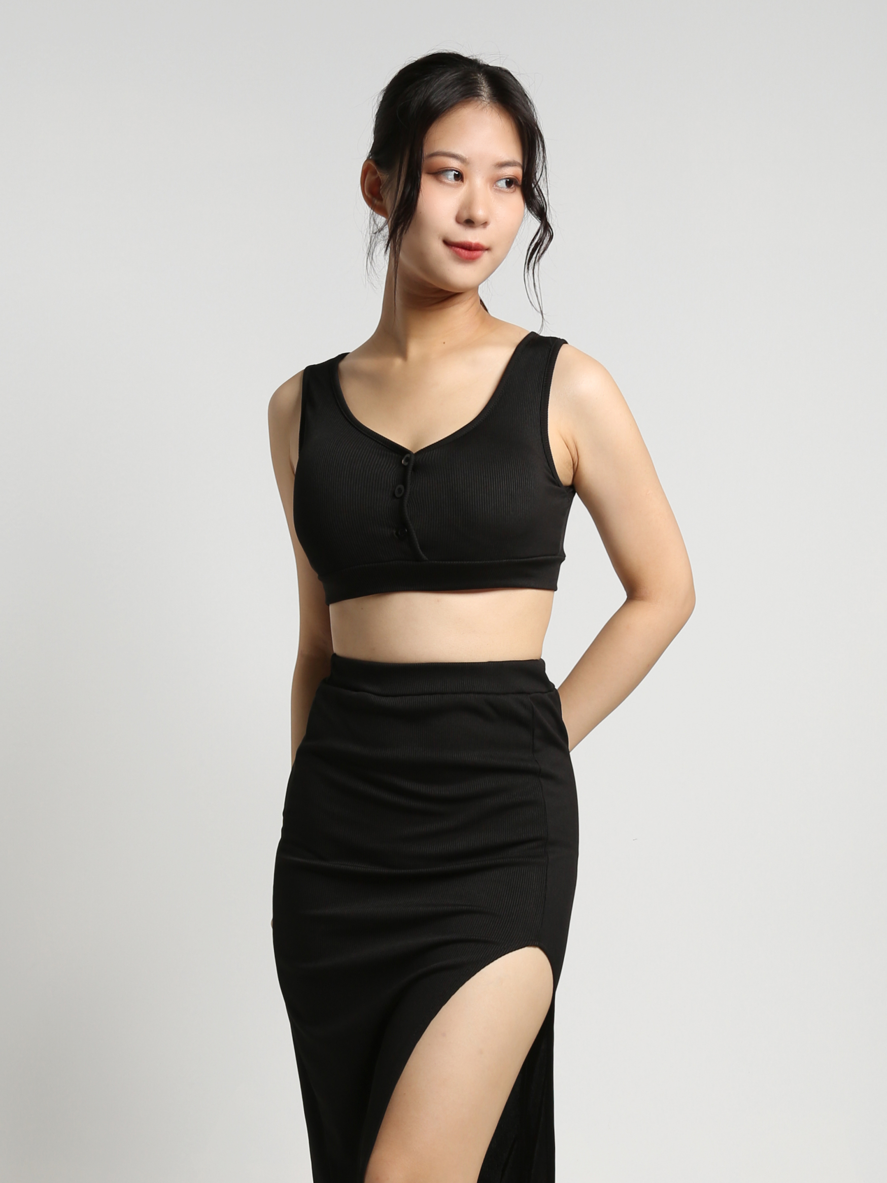 Sleeveless Front Button Crop Top With High Split Skirt Set 23224