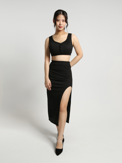 Sleeveless Front Button Crop Top With High Split Skirt Set 23224