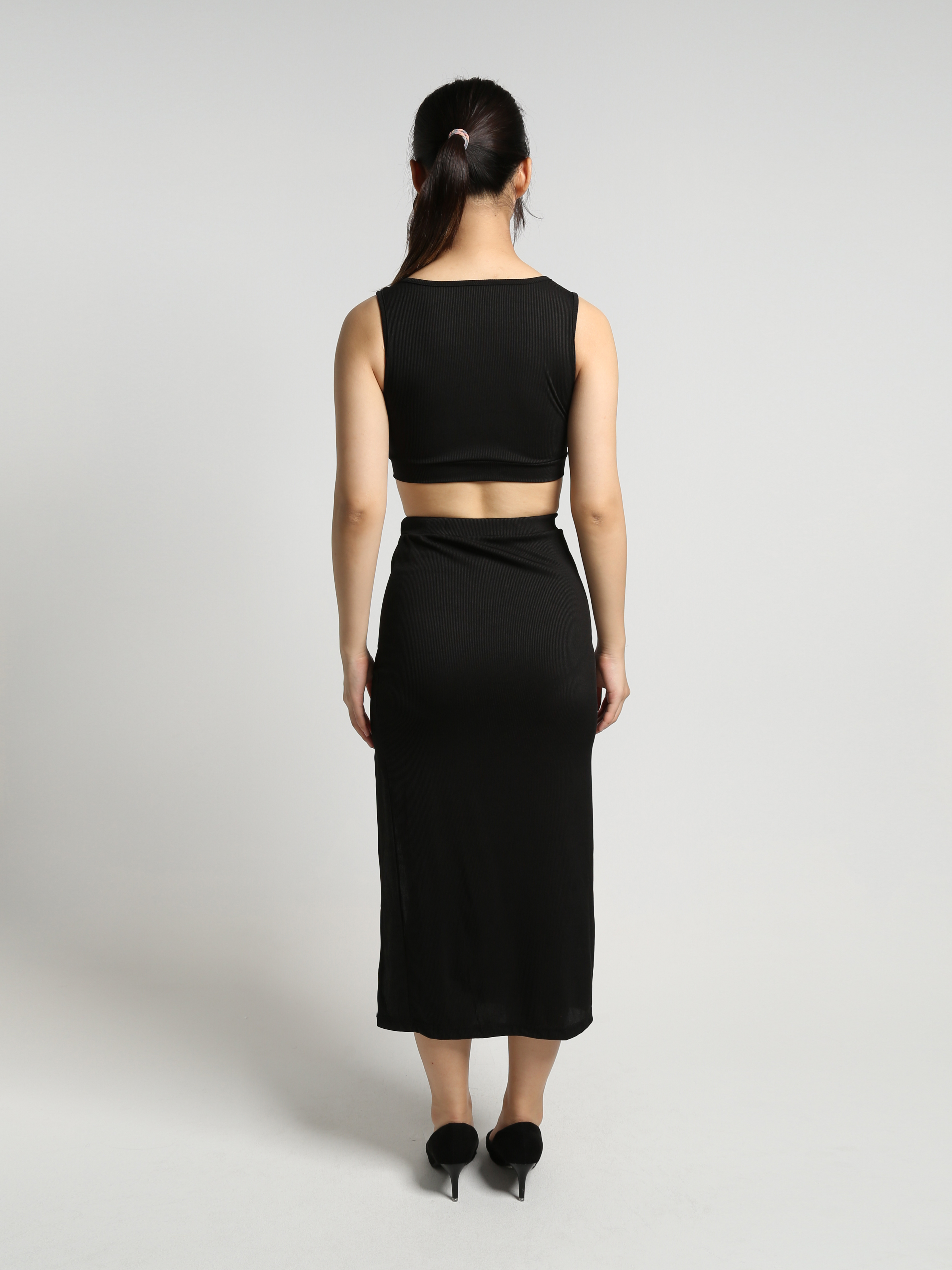 Sleeveless Front Button Crop Top With High Split Skirt Set 23224