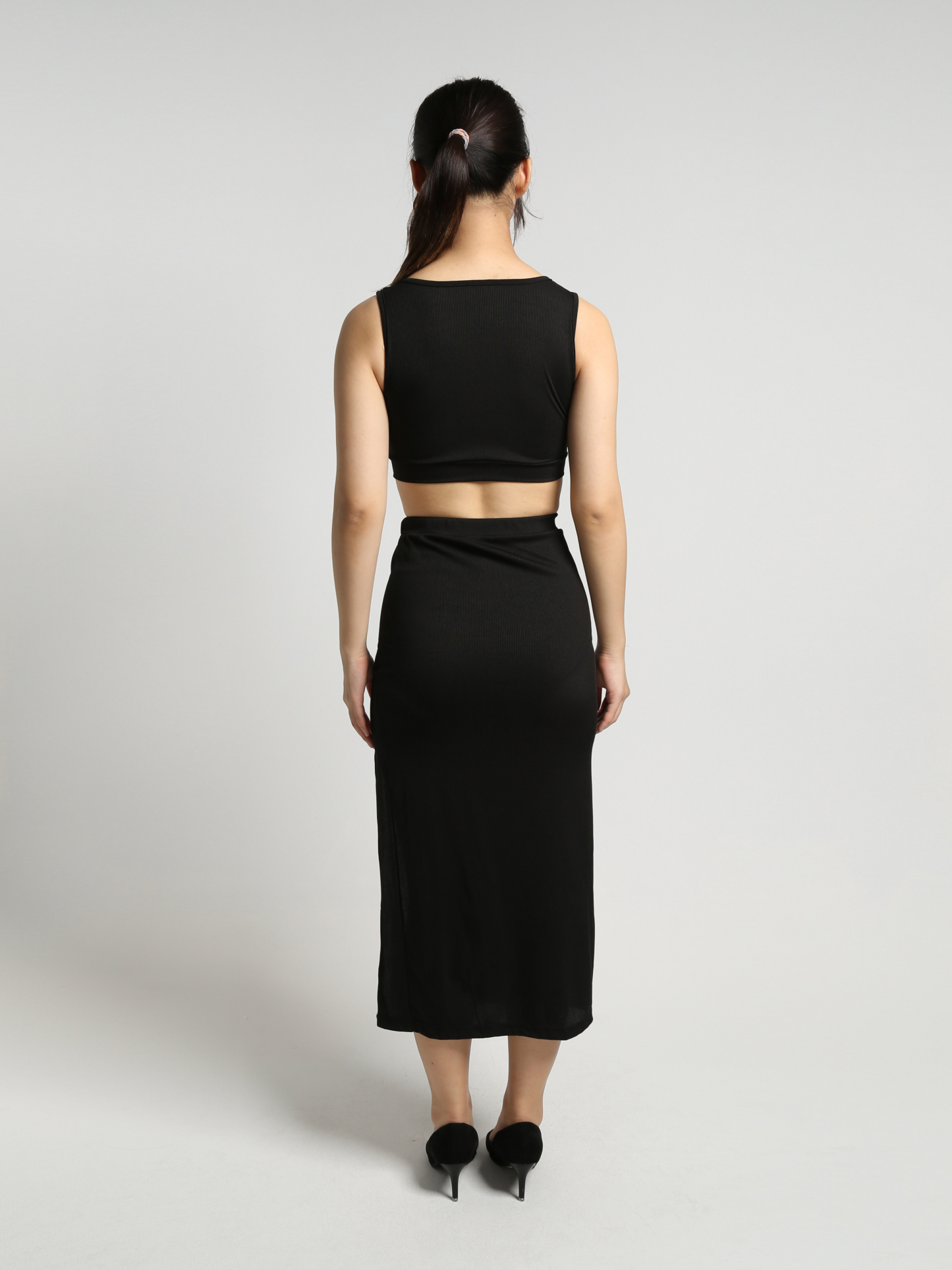 Sleeveless Front Button Crop Top With High Split Skirt Set 23224