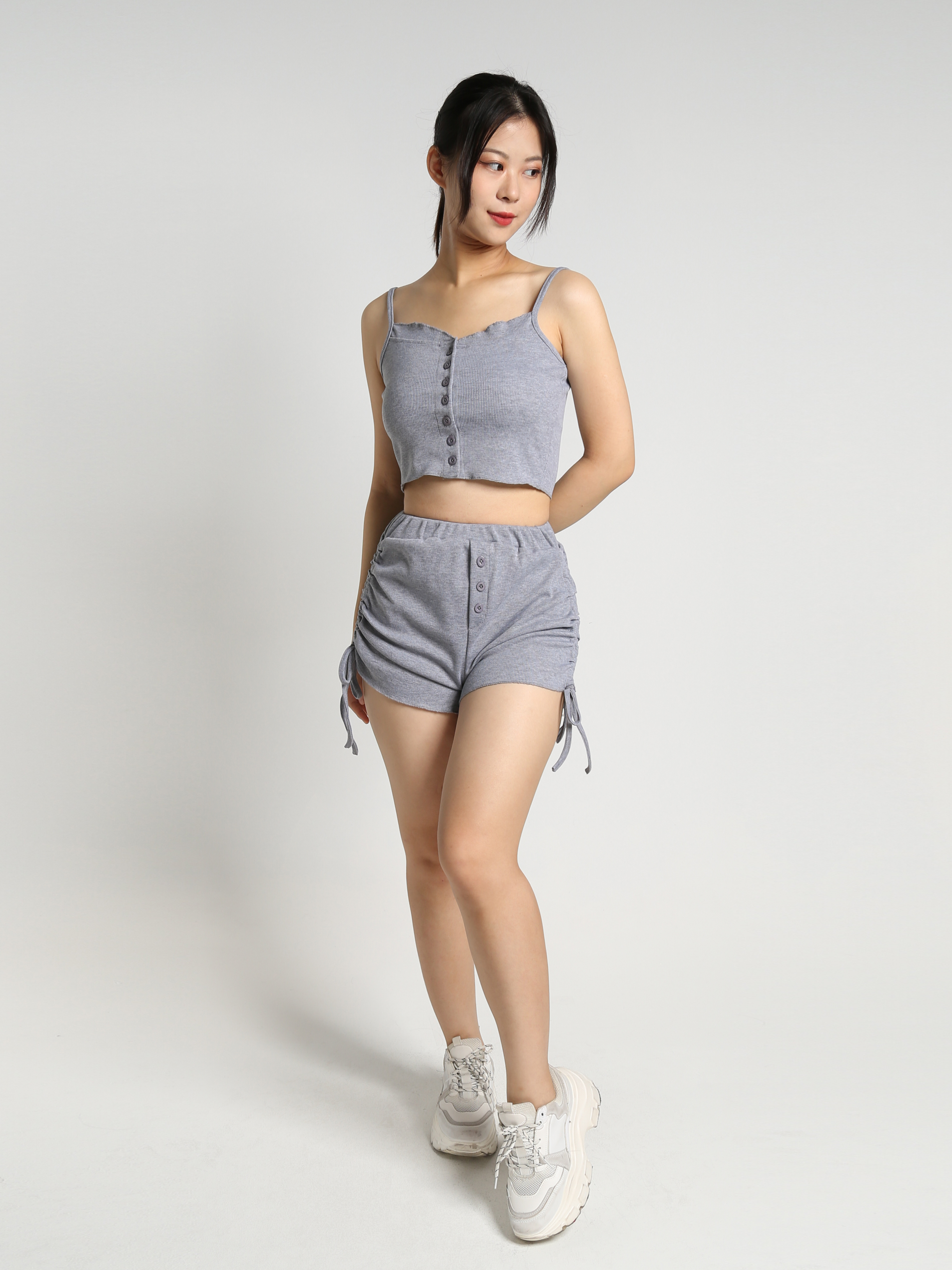 Front Button Strap Top With Drawstring Short Pants Set 23217