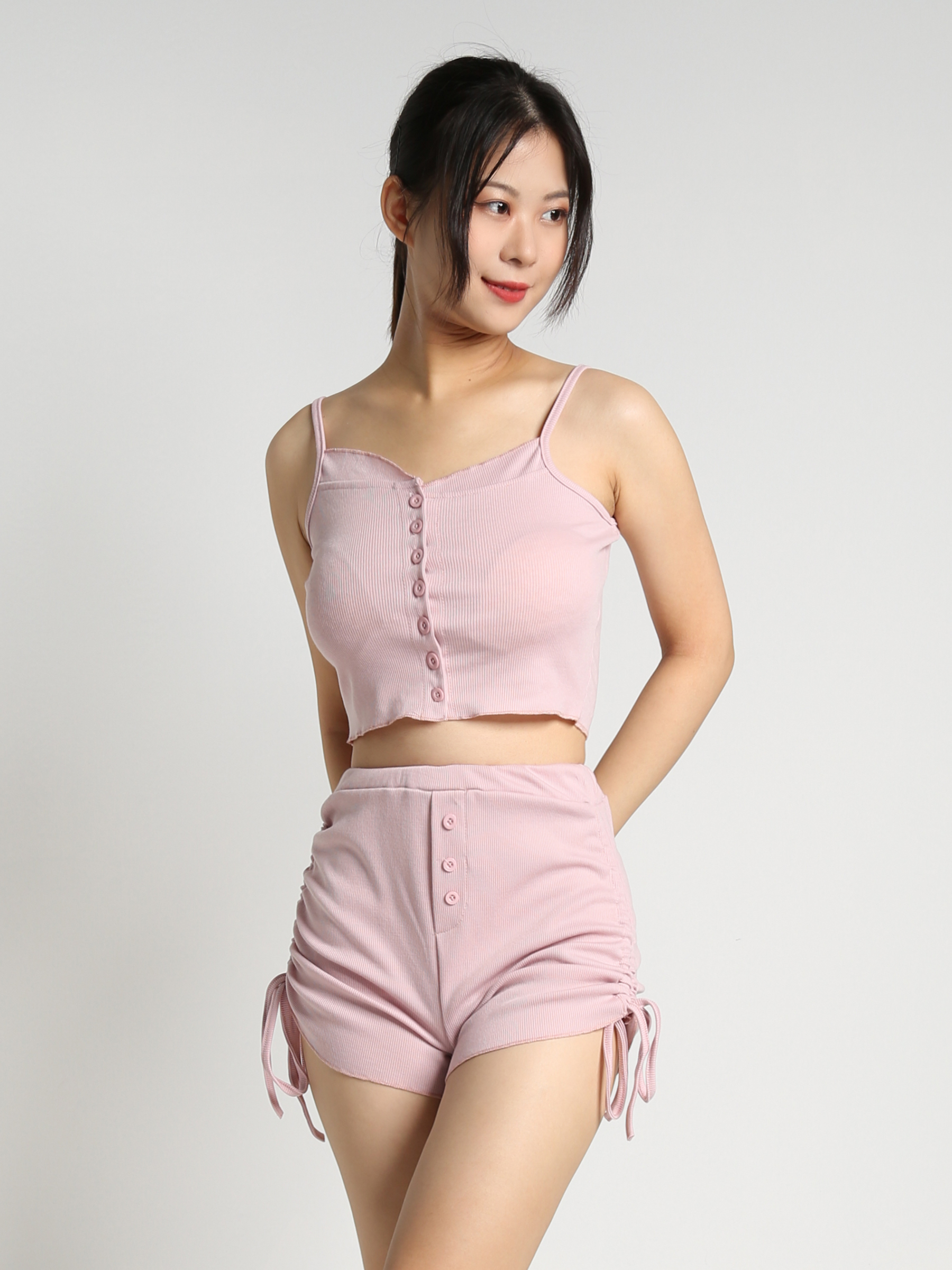 Front Button Strap Top With Drawstring Short Pants Set 23217