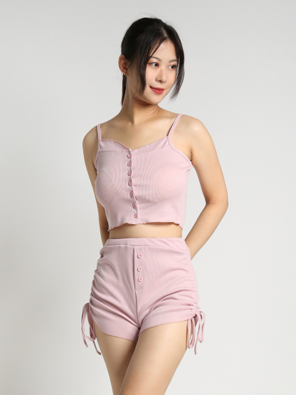 Front Button Strap Top With Drawstring Short Pants Set 23217