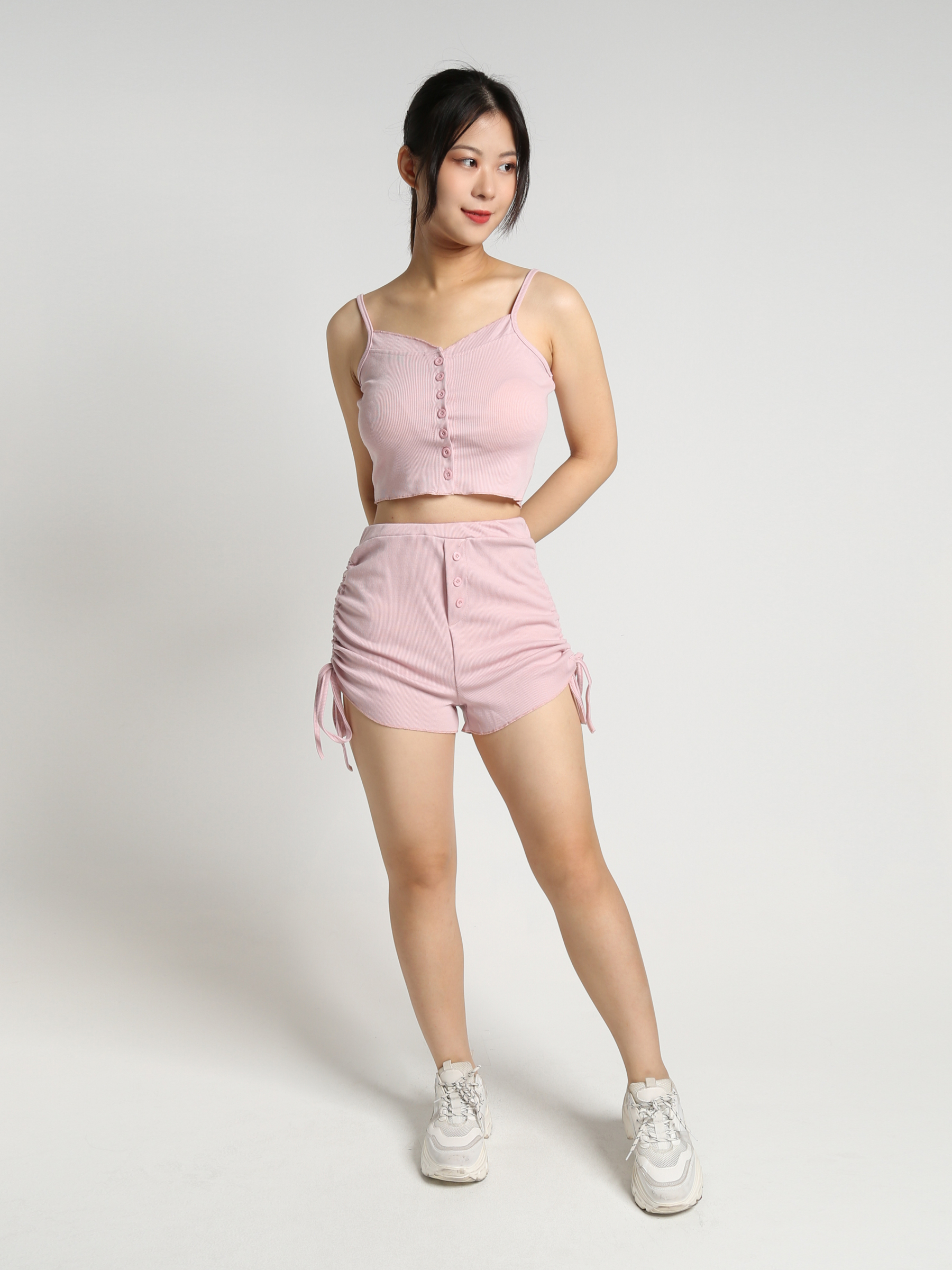 Front Button Strap Top With Drawstring Short Pants Set 23217