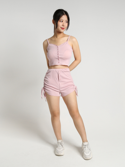 Front Button Strap Top With Drawstring Short Pants Set 23217