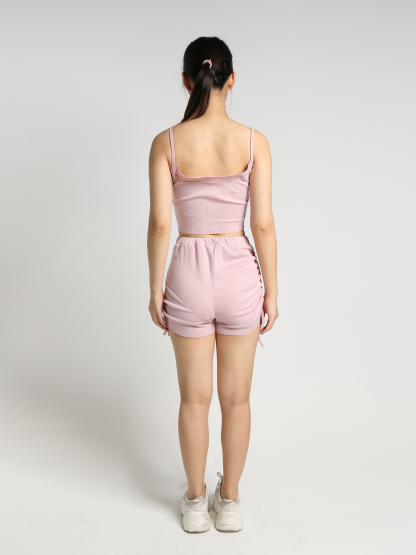 Front Button Strap Top With Drawstring Short Pants Set 23217