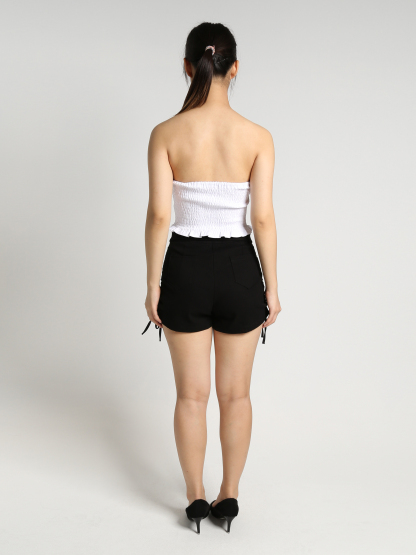 High Waist Front Zip Collar Button With Side Drawstring Short Pants 23234