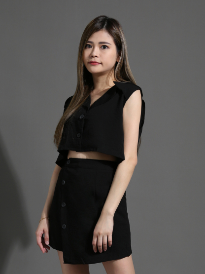 Sleeveless Collar Top With Irregular Long Skirt Ser 26471