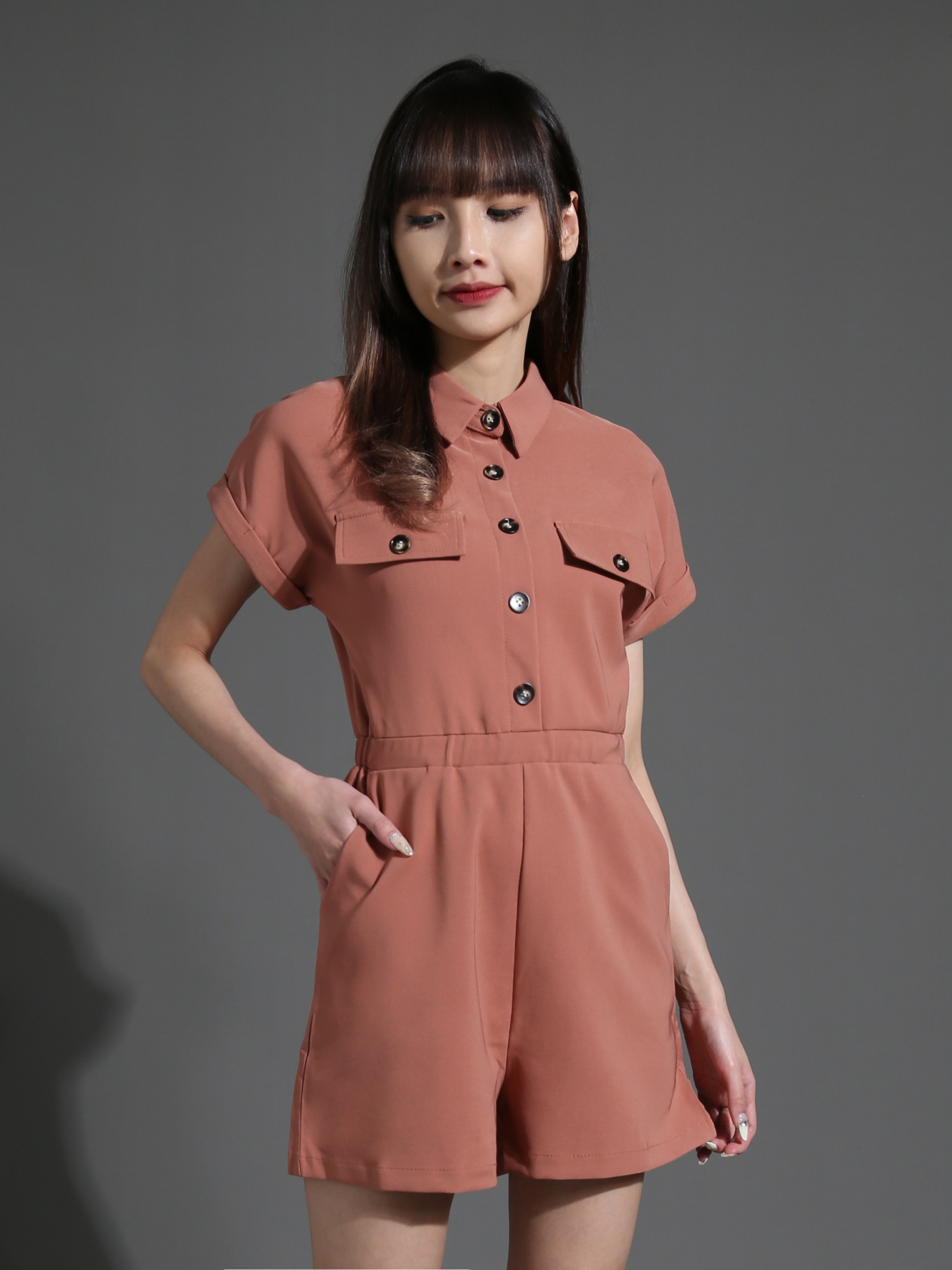 Short Sleeve Front Decoartive Button Jumpsuit 26526