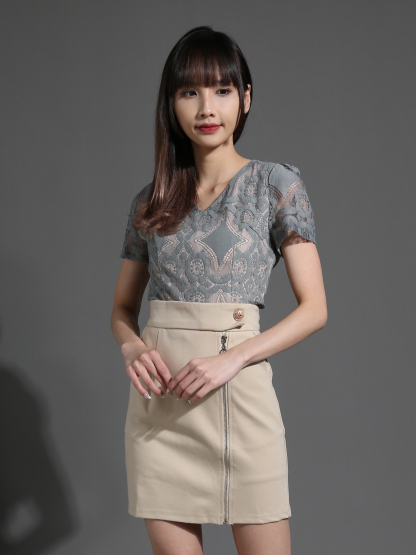 Two Tone Lace Top With Side Zip Skirt Set 26531