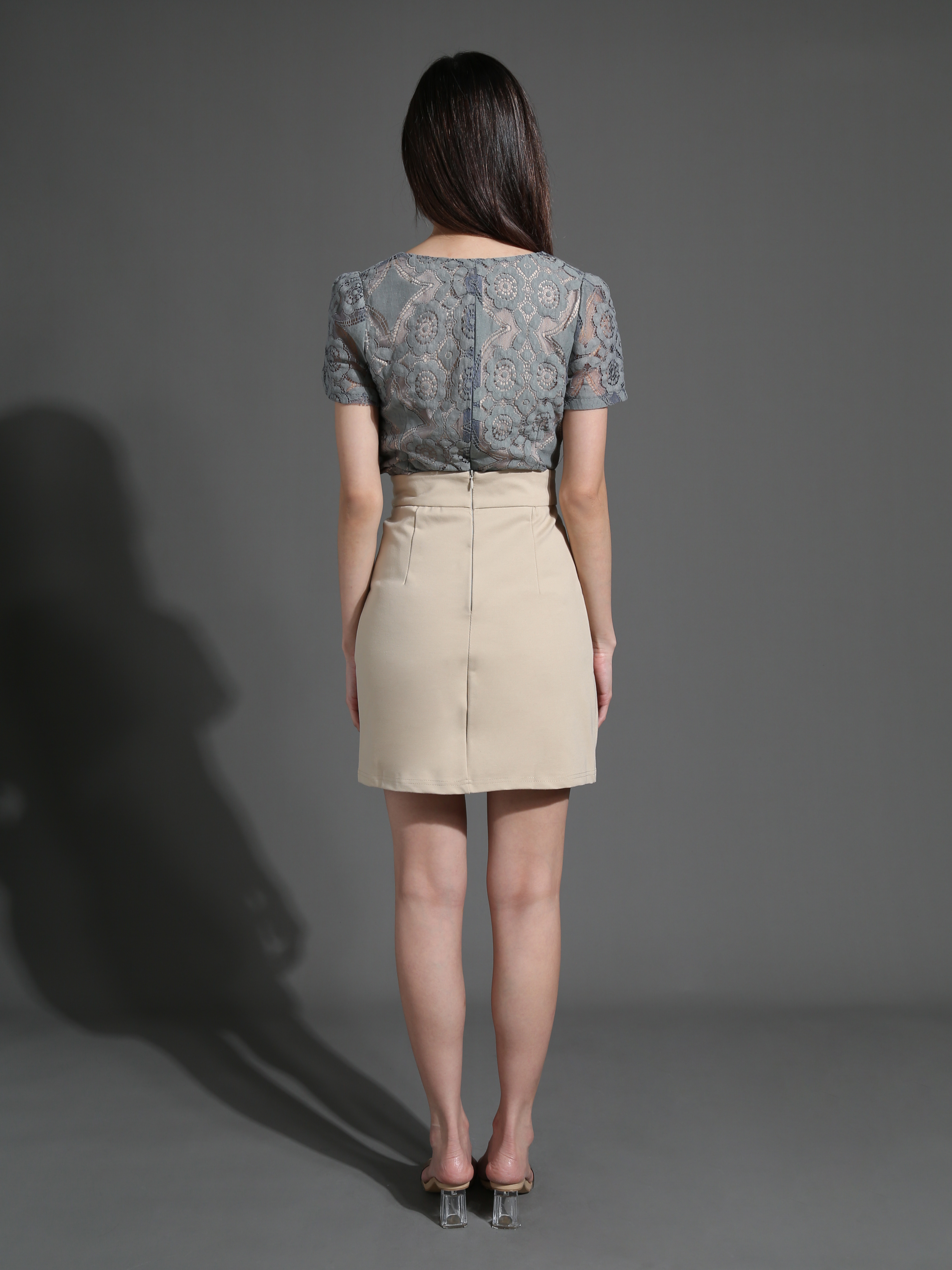 Two Tone Lace Top With Side Zip Skirt Set 26531