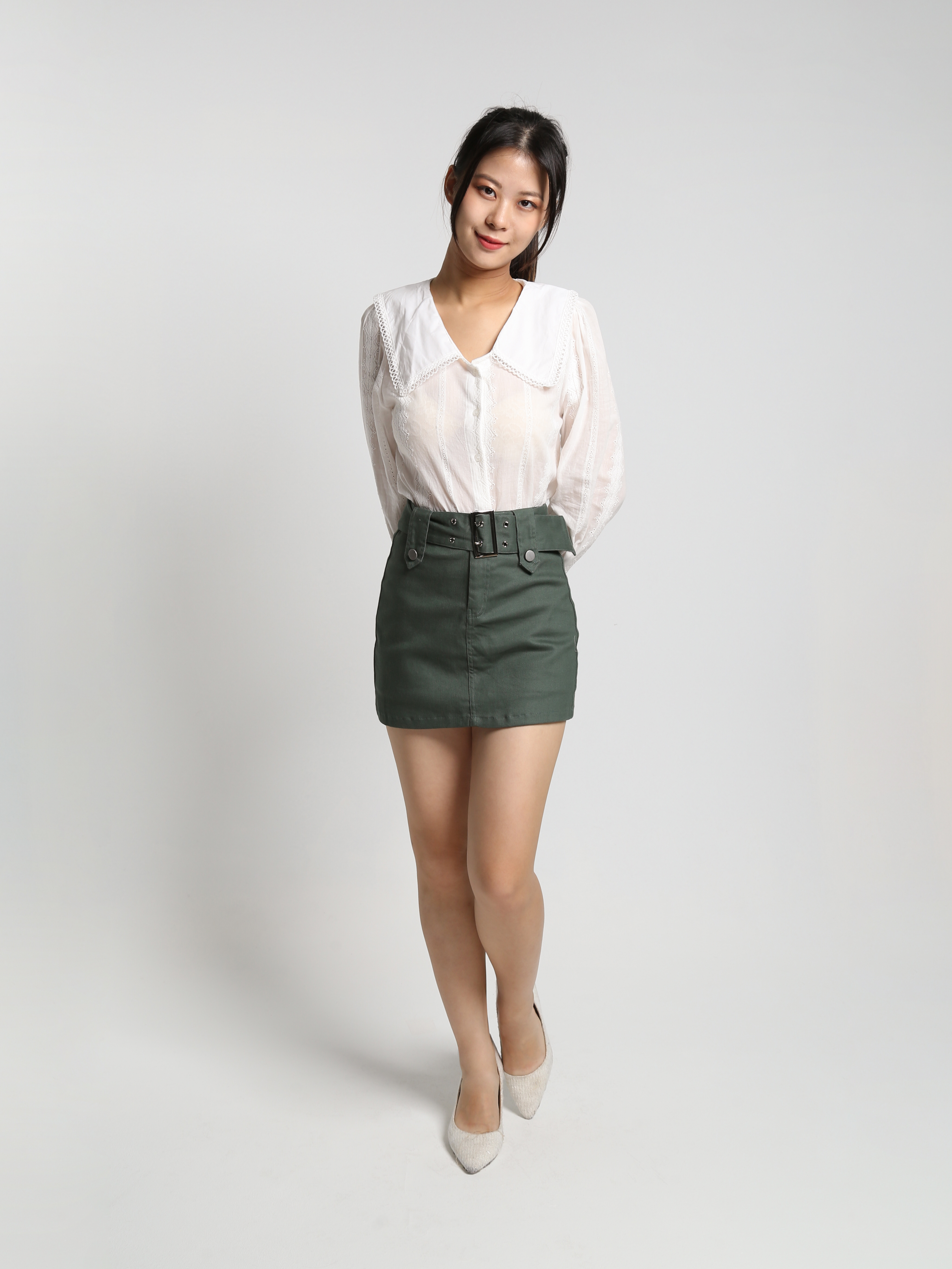 Collar Lace Front Button Long Sleeve Top 23207