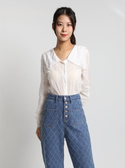 High Waist Breasted Button Diamond Pattern Long Pants 23263