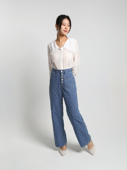 High Waist Breasted Button Diamond Pattern Long Pants 23263