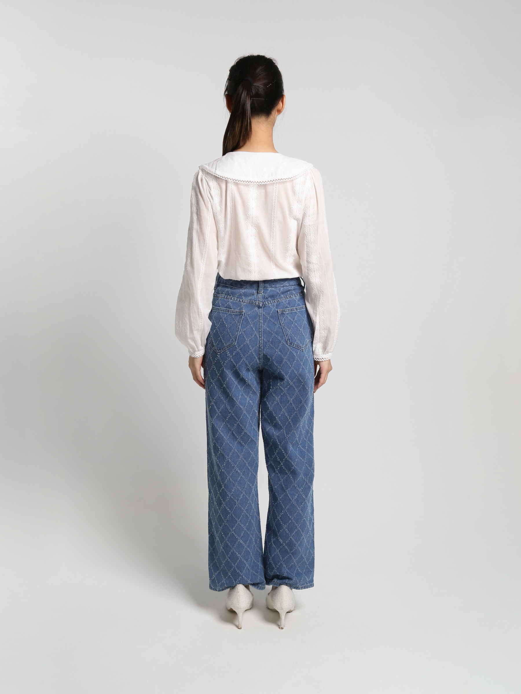 High Waist Breasted Button Diamond Pattern Long Pants 23263