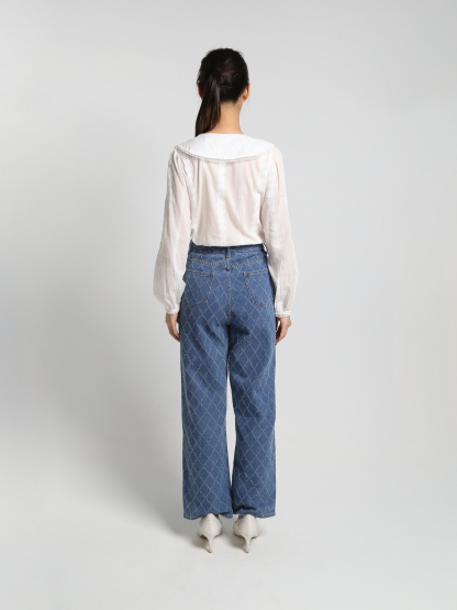 High Waist Breasted Button Diamond Pattern Long Pants 23263