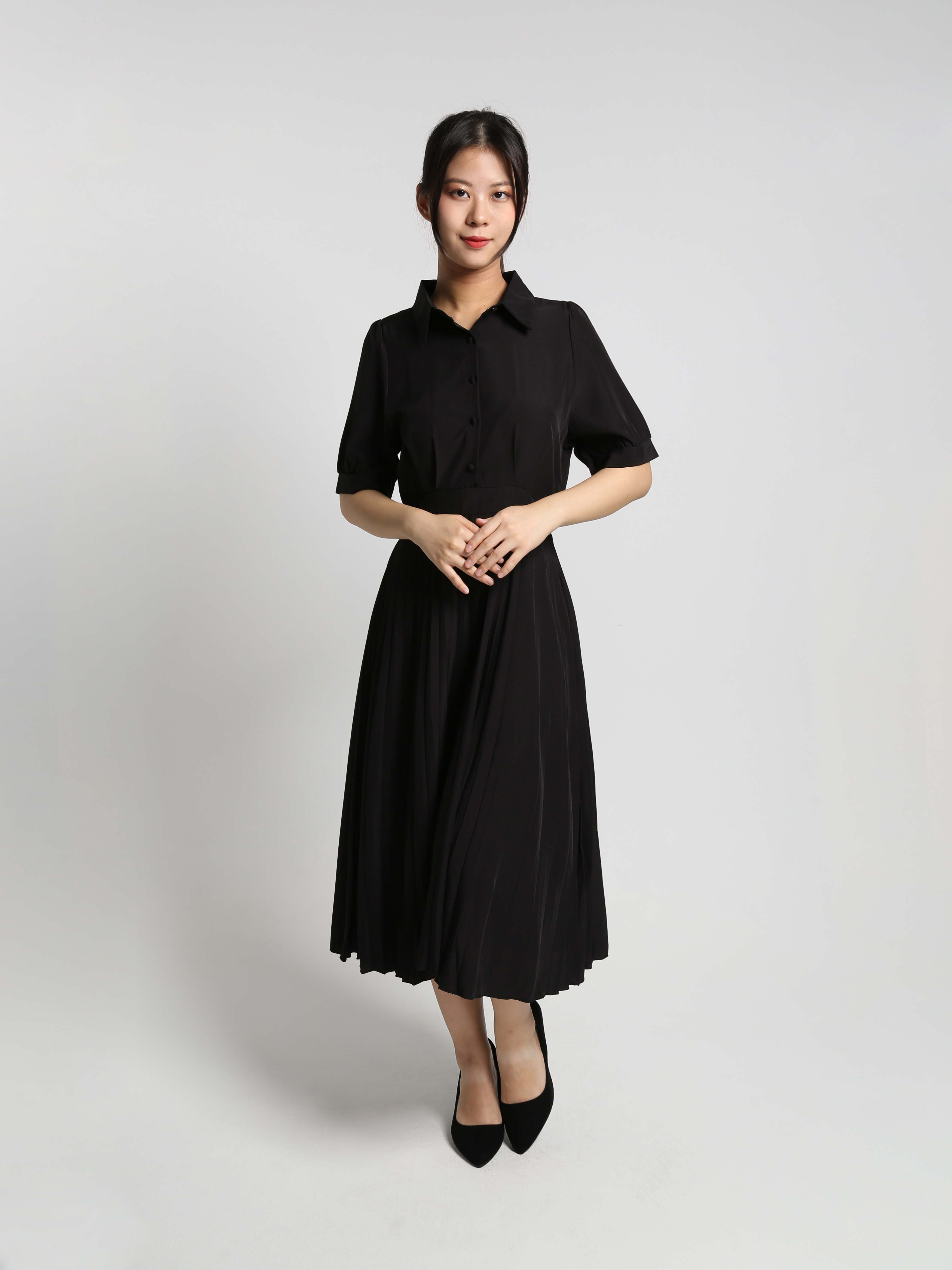 Collar Front Button Pleated Dress 23381