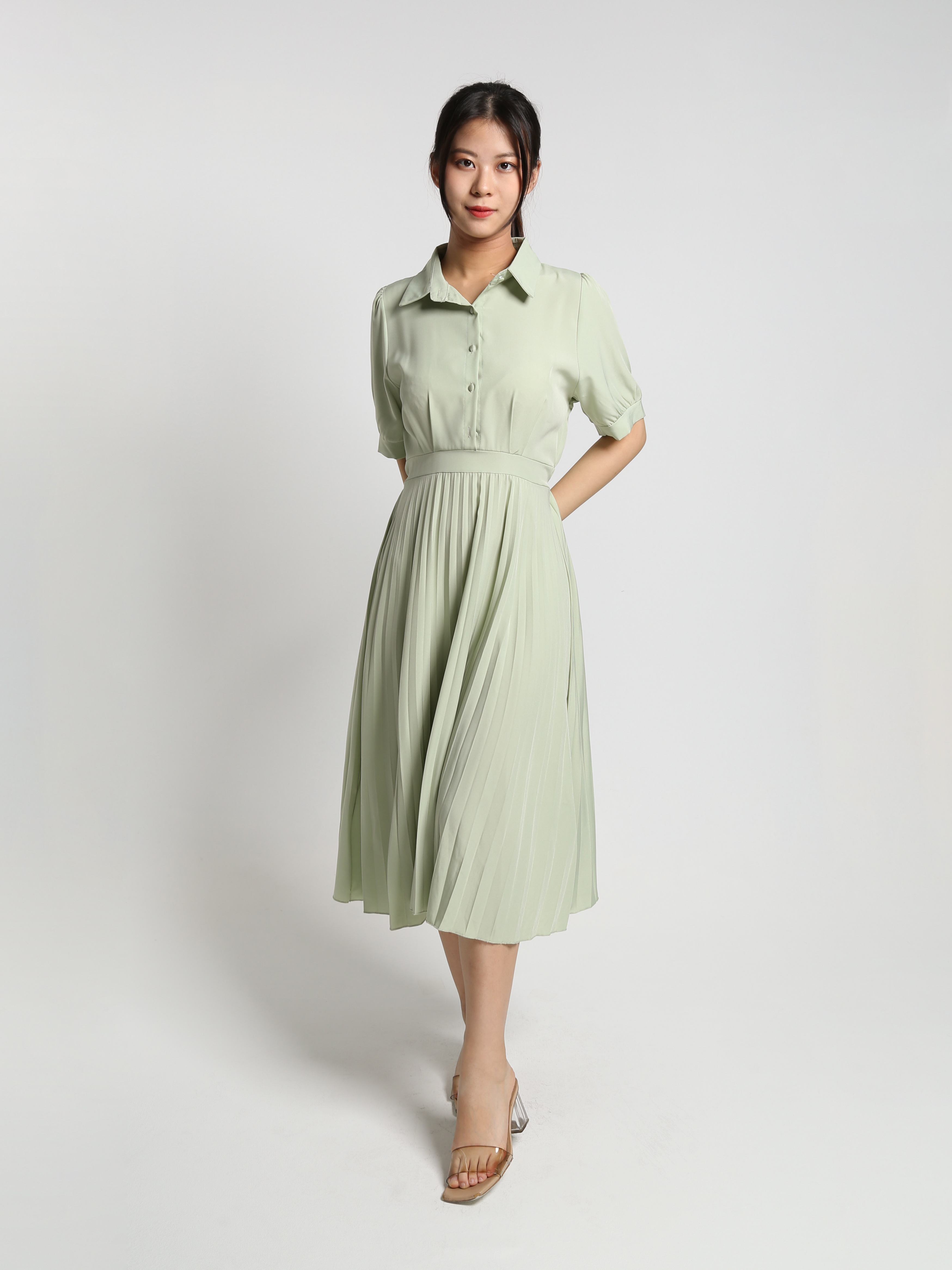 Collar Front Button Pleated Dress 23381