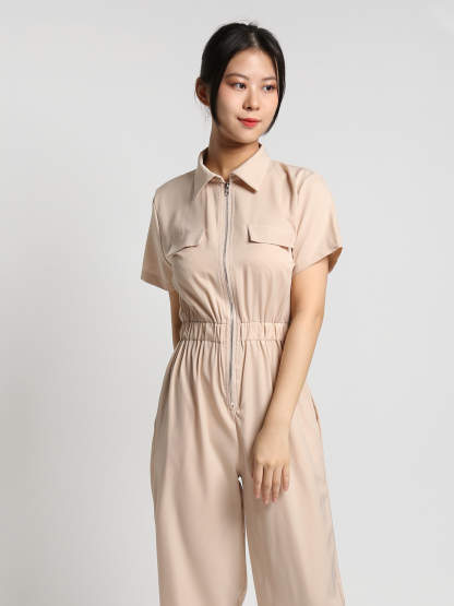 Short Sleeve Front Zip With Waist Stretchable Jumpsuit 23384