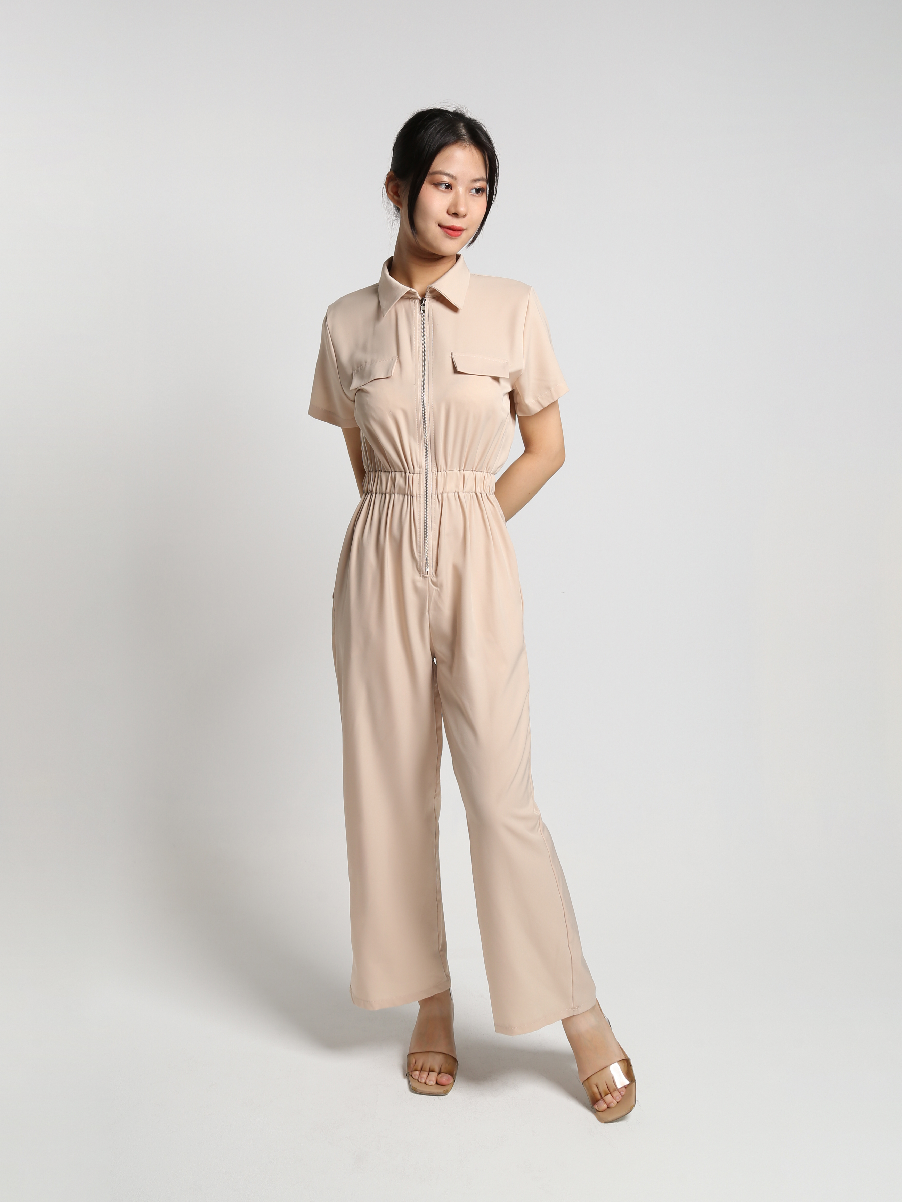 Short Sleeve Front Zip With Waist Stretchable Jumpsuit 23384
