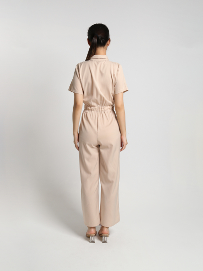 Short Sleeve Front Zip With Waist Stretchable Jumpsuit 23384