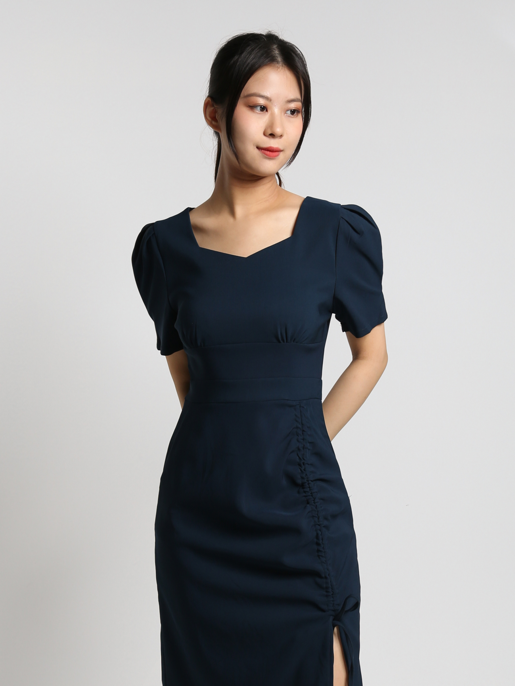 Sweetheart Neckline Short Sleeve Side Pleated With Split Dress 23304