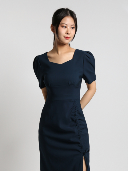 Sweetheart Neckline Short Sleeve Side Pleated With Split Dress 23304