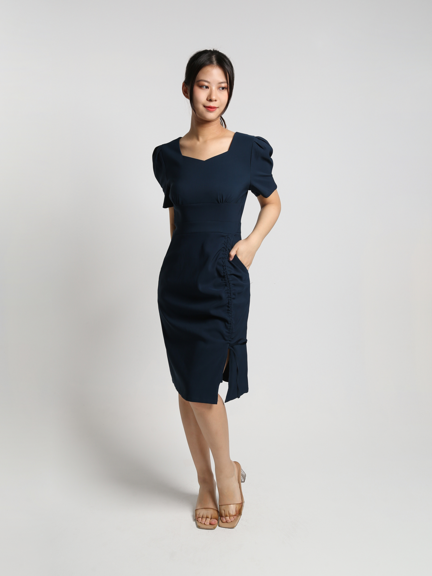 Sweetheart Neckline Short Sleeve Side Pleated With Split Dress 23304