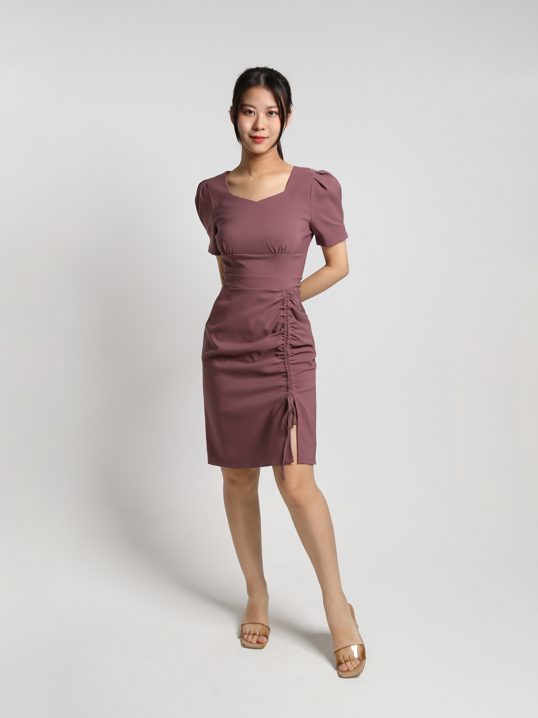 Sweetheart Neckline Short Sleeve Side Pleated With Split Dress 23304