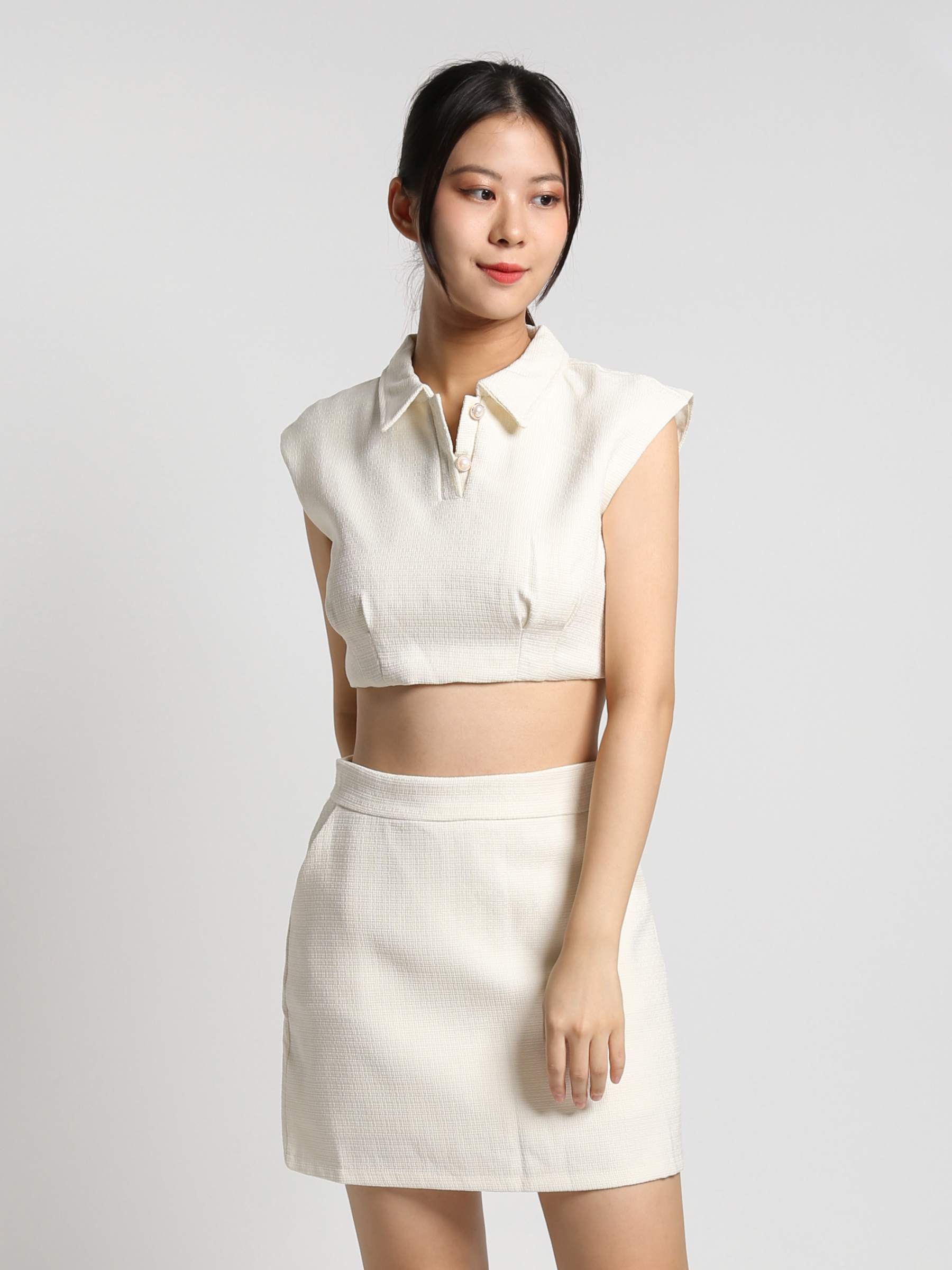 Collar Sleeveless Crop Top With High Waist Side Pocket Skirt Set 23336