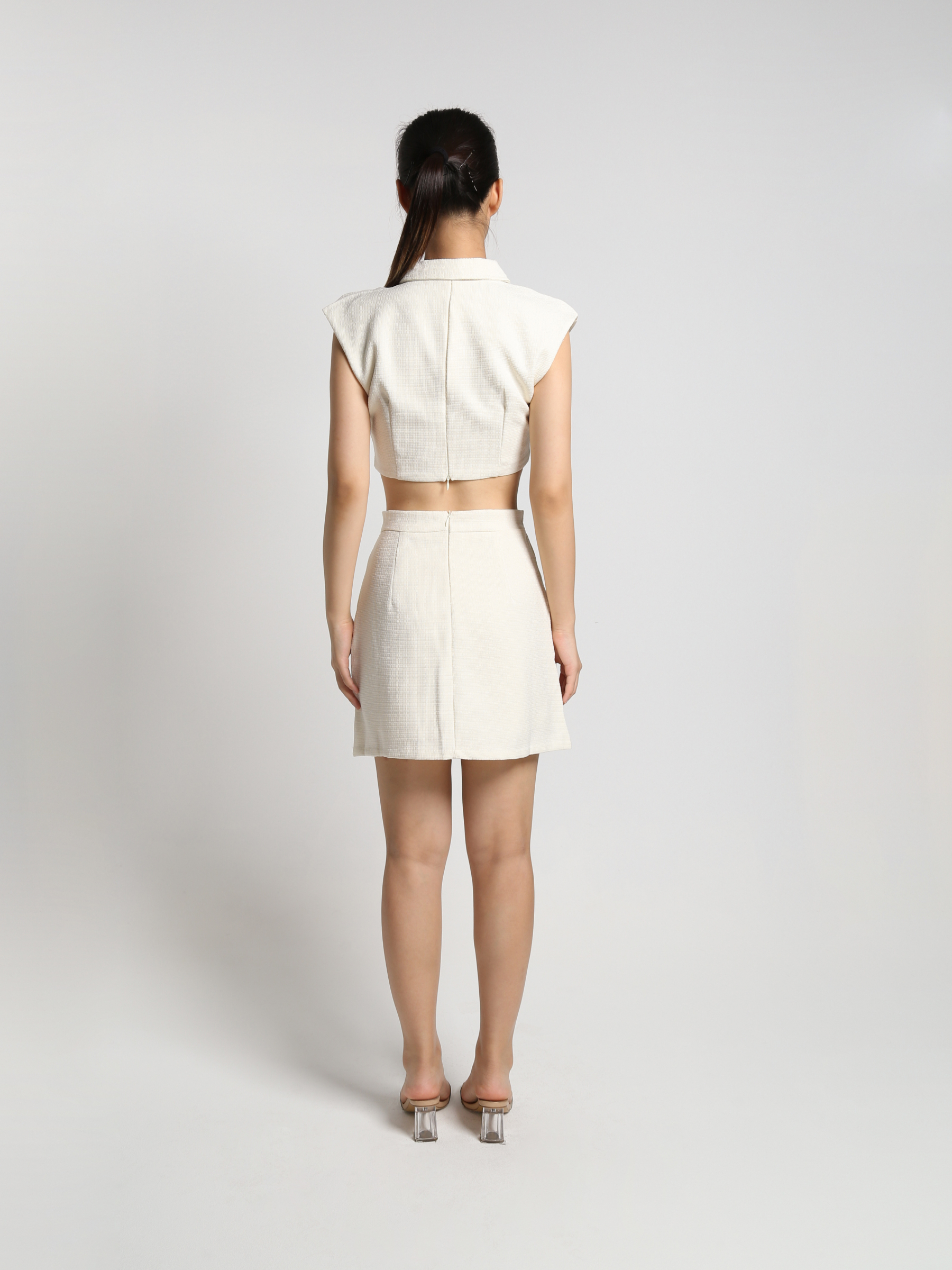 Collar Sleeveless Crop Top With High Waist Side Pocket Skirt Set 23336