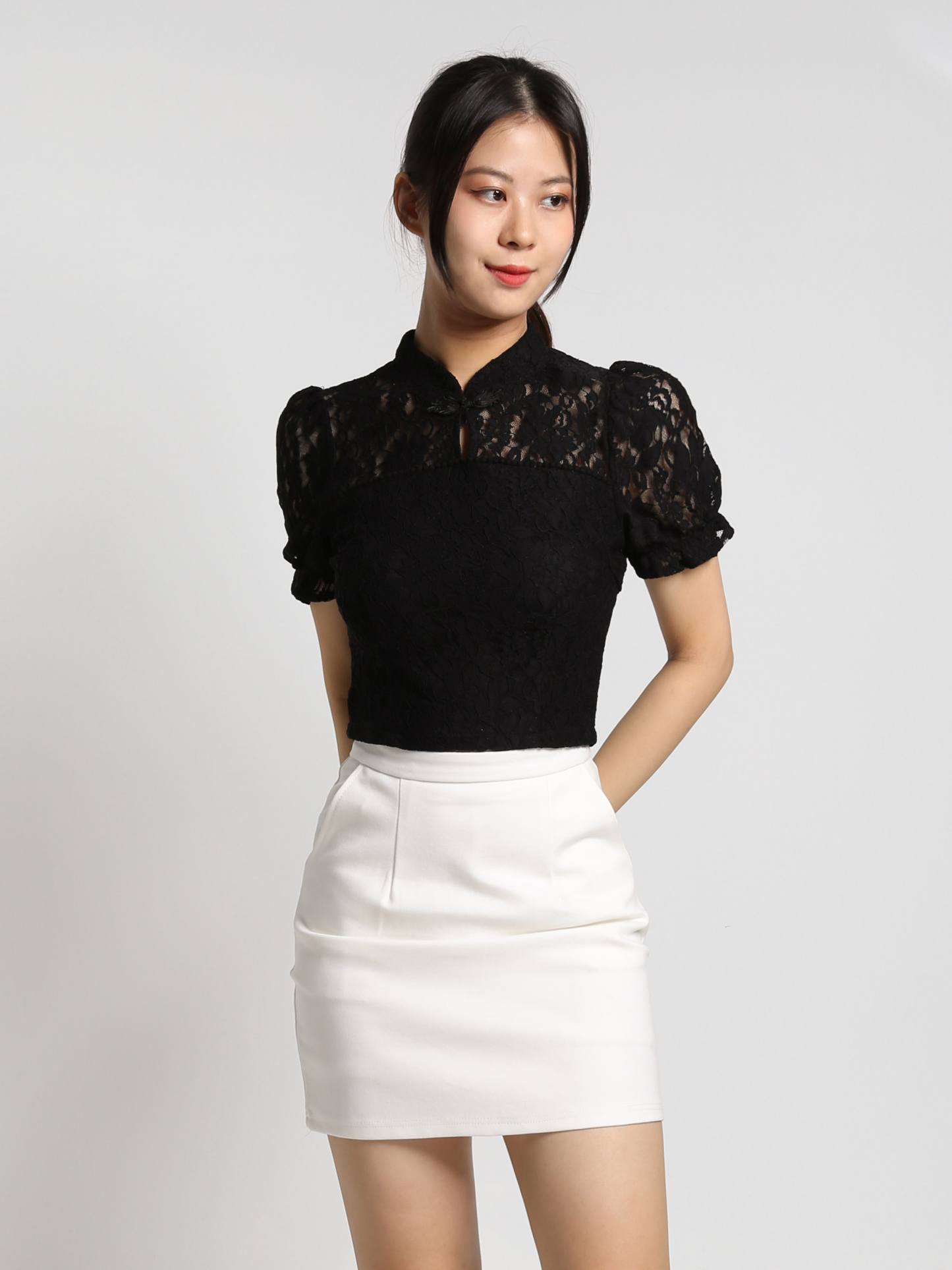Cheongsam Lace Top With Side Pocket Skirt Set 25123