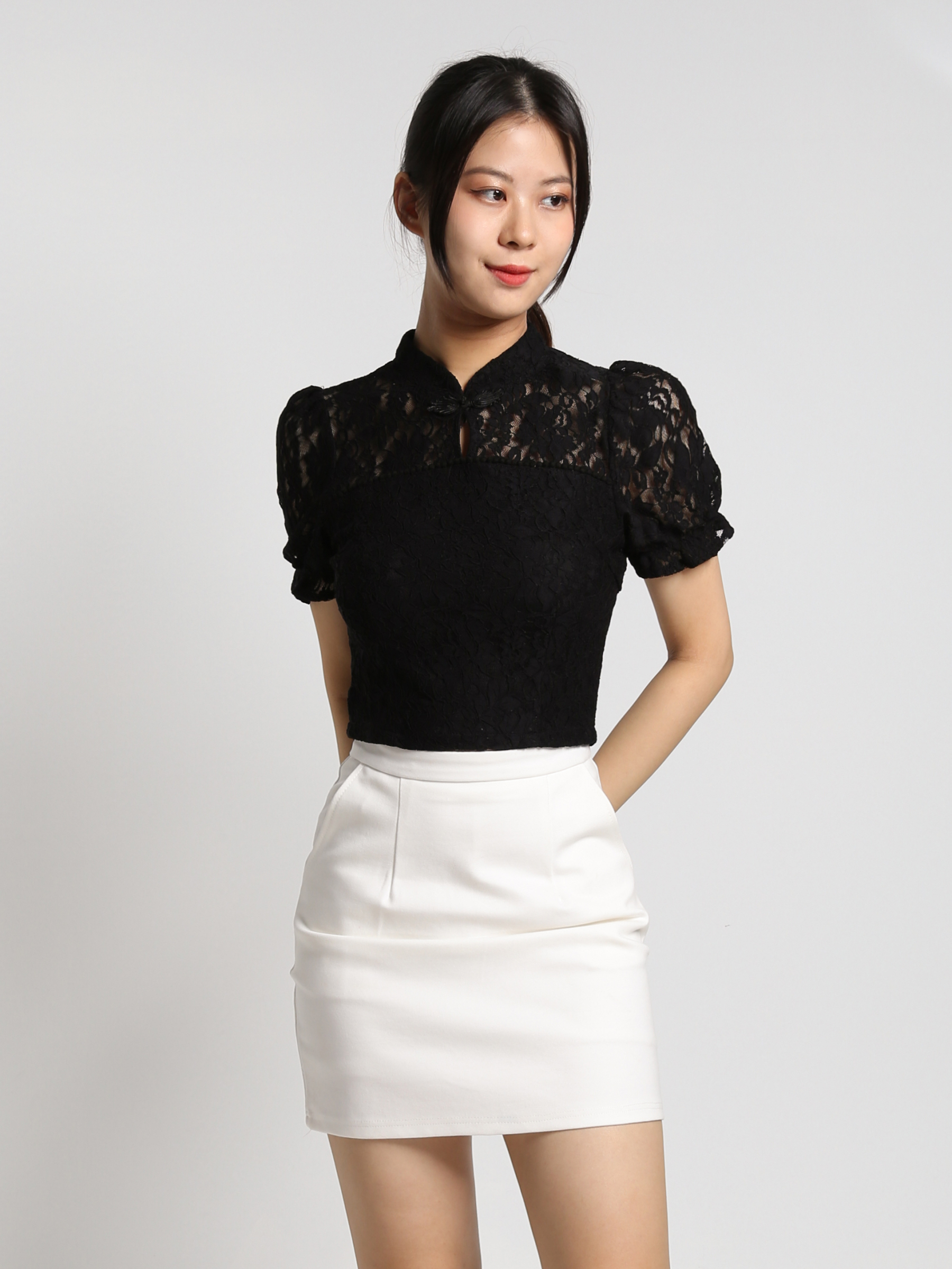 Cheongsam Lace Top With Side Pocket Skirt Set 25123