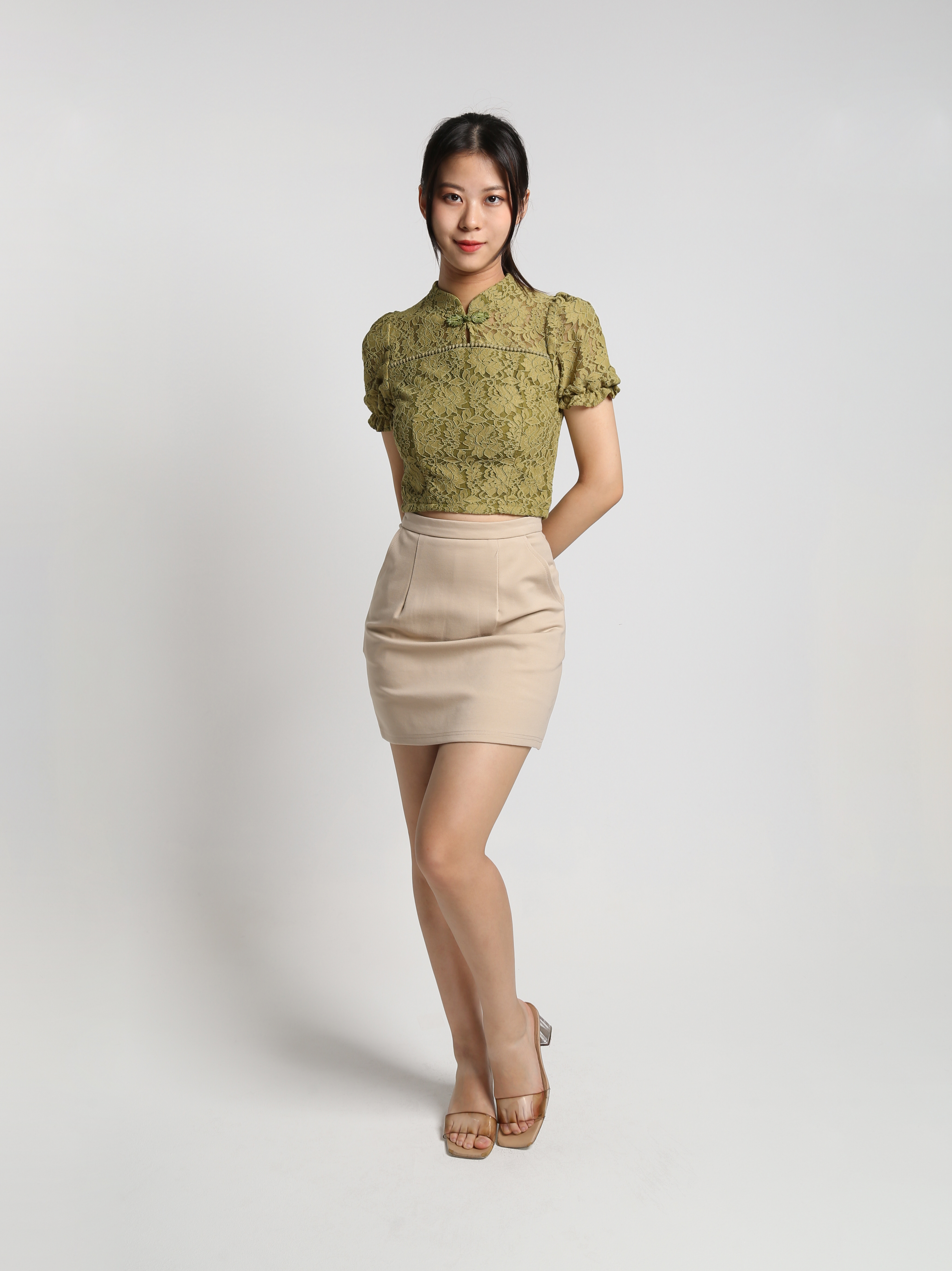 Cheongsam Lace Top With Side Pocket Skirt Set 25123