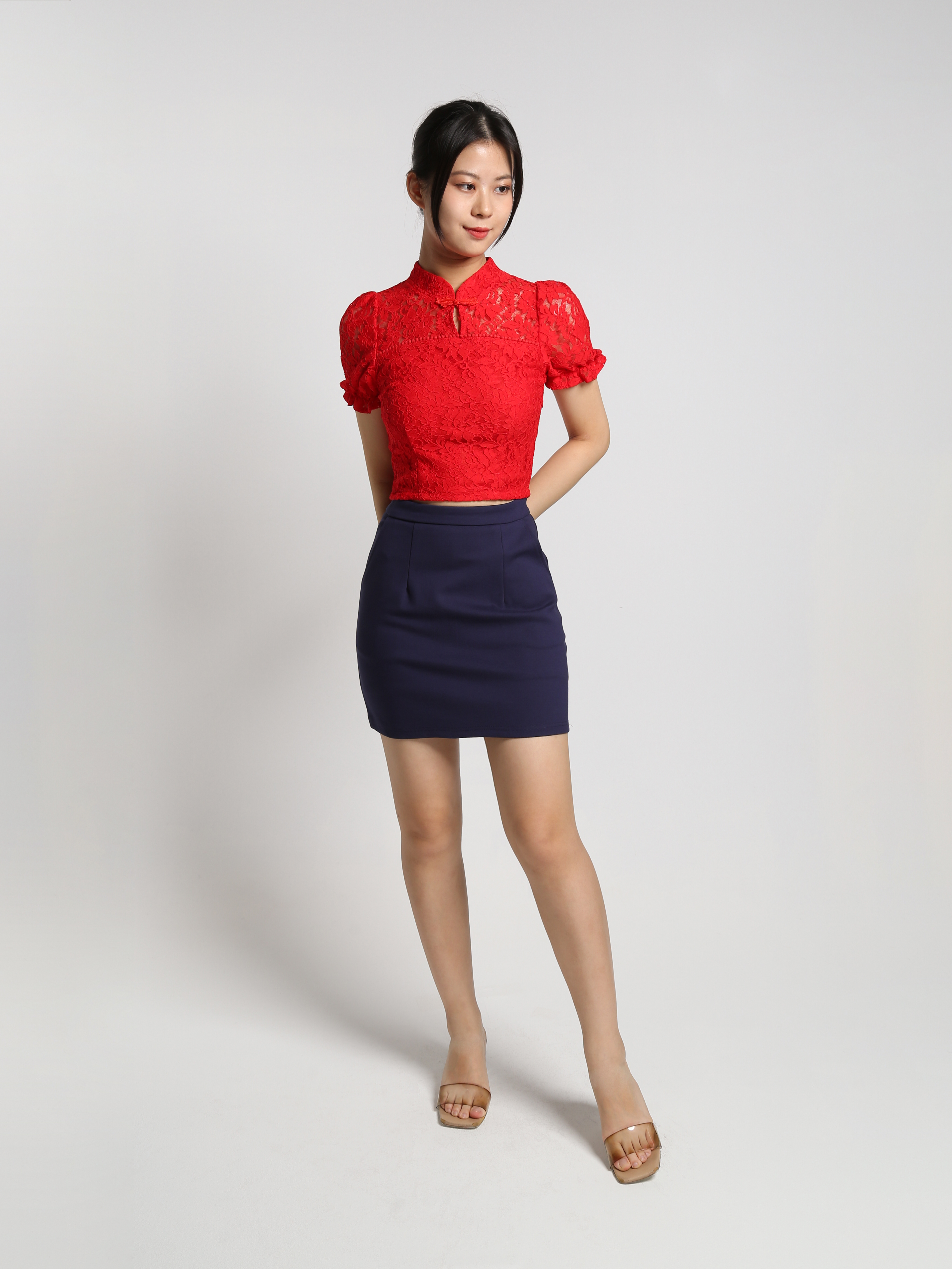 Cheongsam Lace Top With Side Pocket Skirt Set 25123