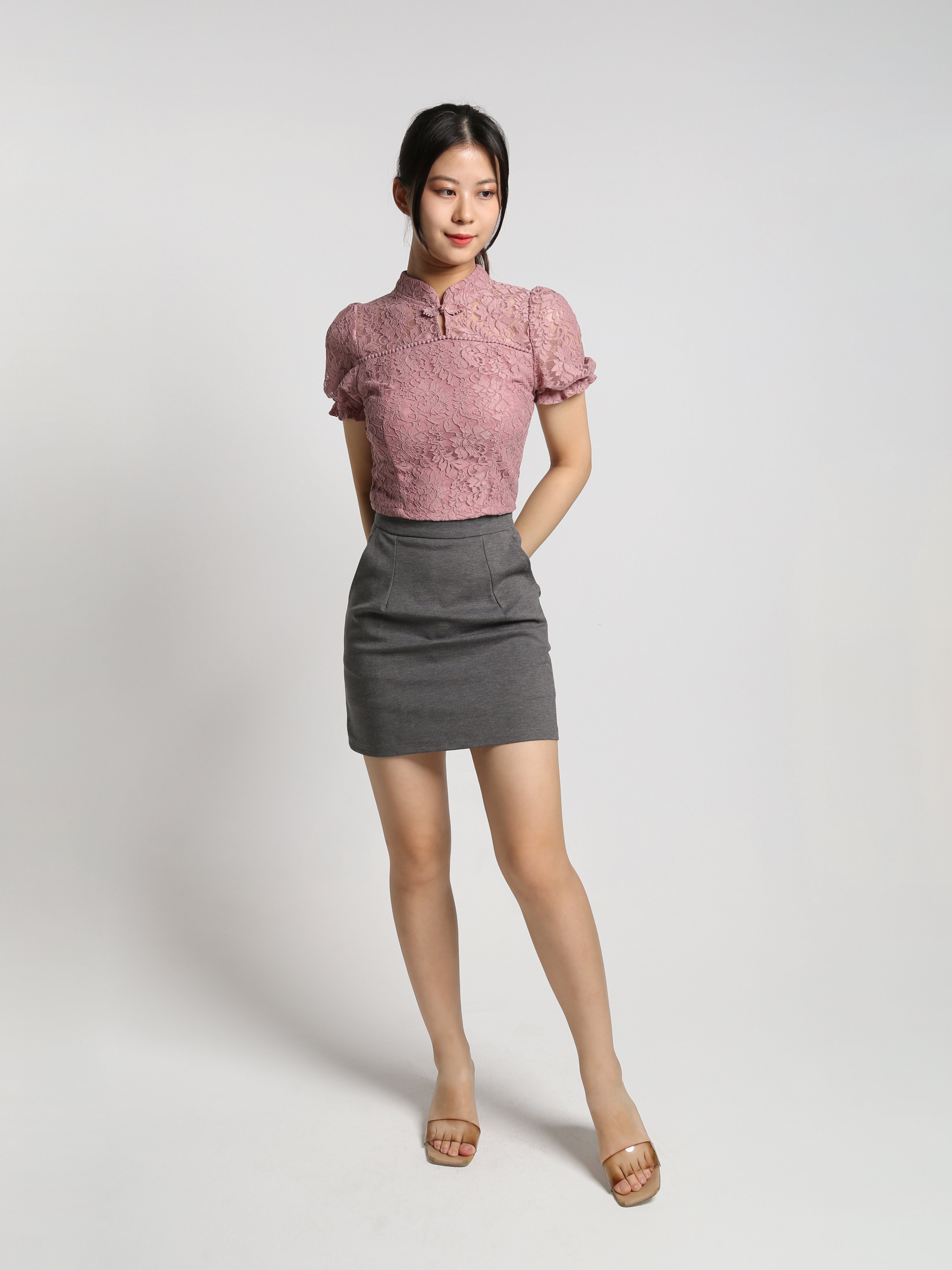 Cheongsam Lace Top With Side Pocket Skirt Set 25123