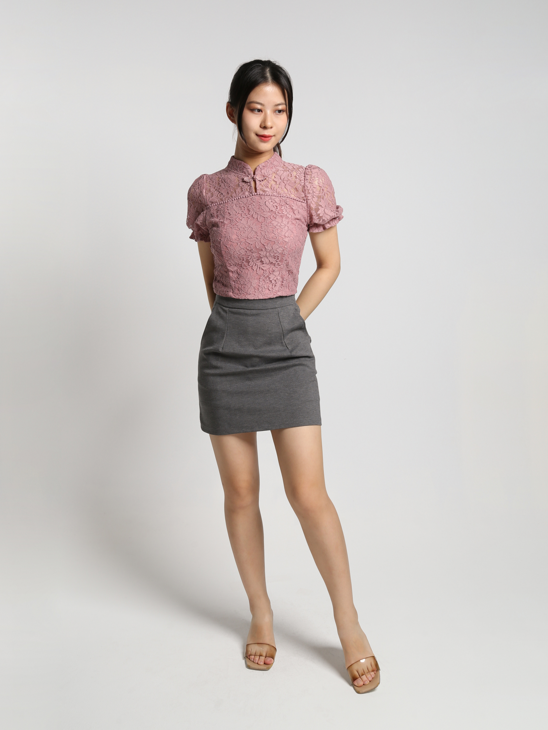 Cheongsam Lace Top With Side Pocket Skirt Set 25123