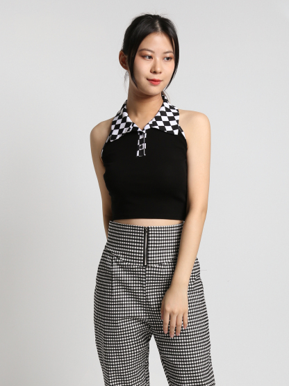 Sleeveless Halter Collar Checker Crop Top 23386