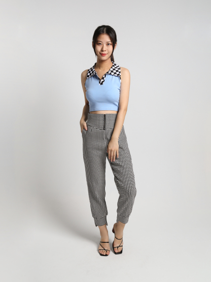 Sleeveless Halter Collar Checker Crop Top 23386