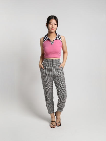 Sleeveless Halter Collar Checker Crop Top 23386