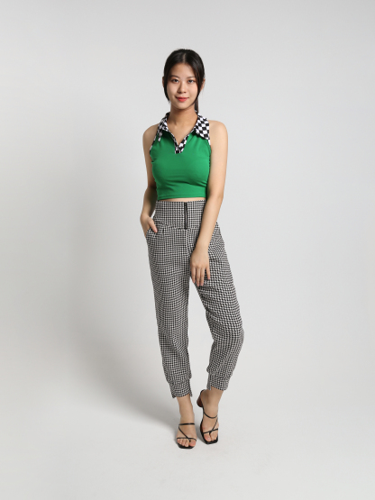 Sleeveless Halter Collar Checker Crop Top 23386