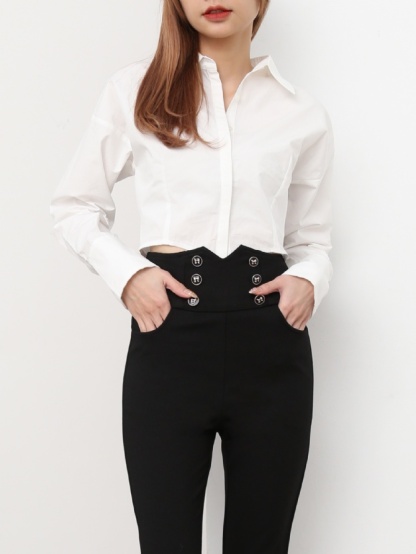 High Waist Front Decorative Button Long Pants 19139