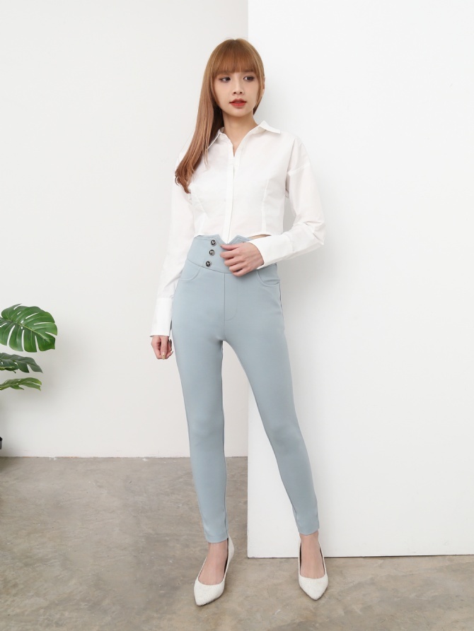 High Waist Front Decorative Button Long Pants 19139