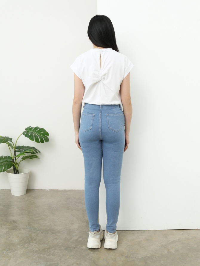 High Waist Denim Side Decorative Pearl Long Pants 25056