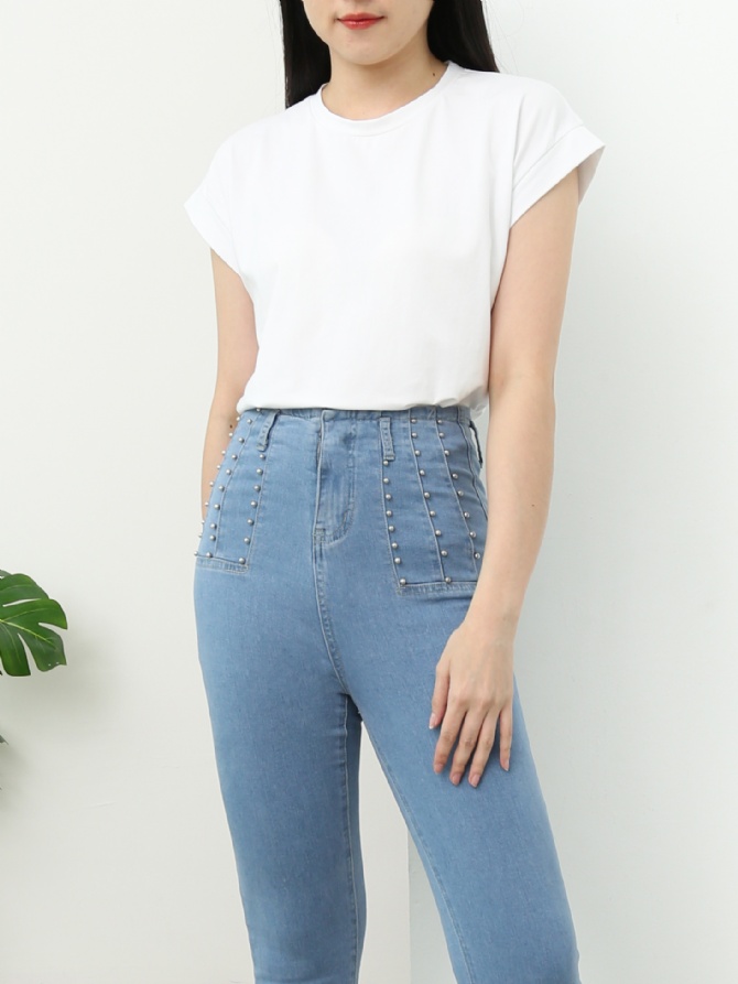 High Waist Denim Side Decorative Pearl Long Pants 25056