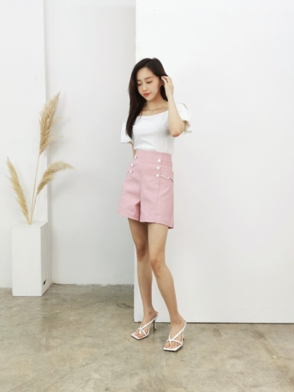 High Waist With Front Breasted Decorative Button Short Pants 16342
