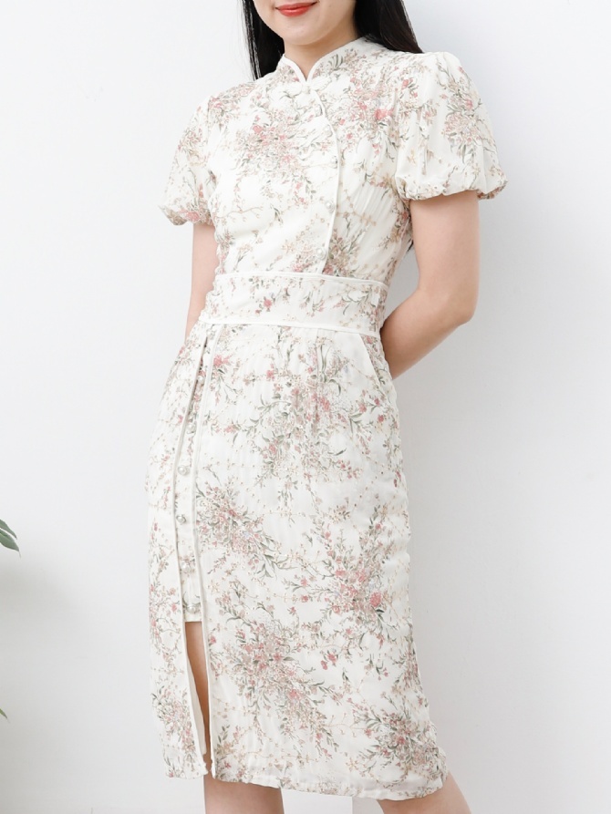 Floral Puff Sleeve With Split Dress 25119