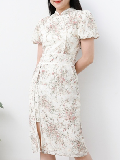Floral Puff Sleeve With Split Dress 25119
