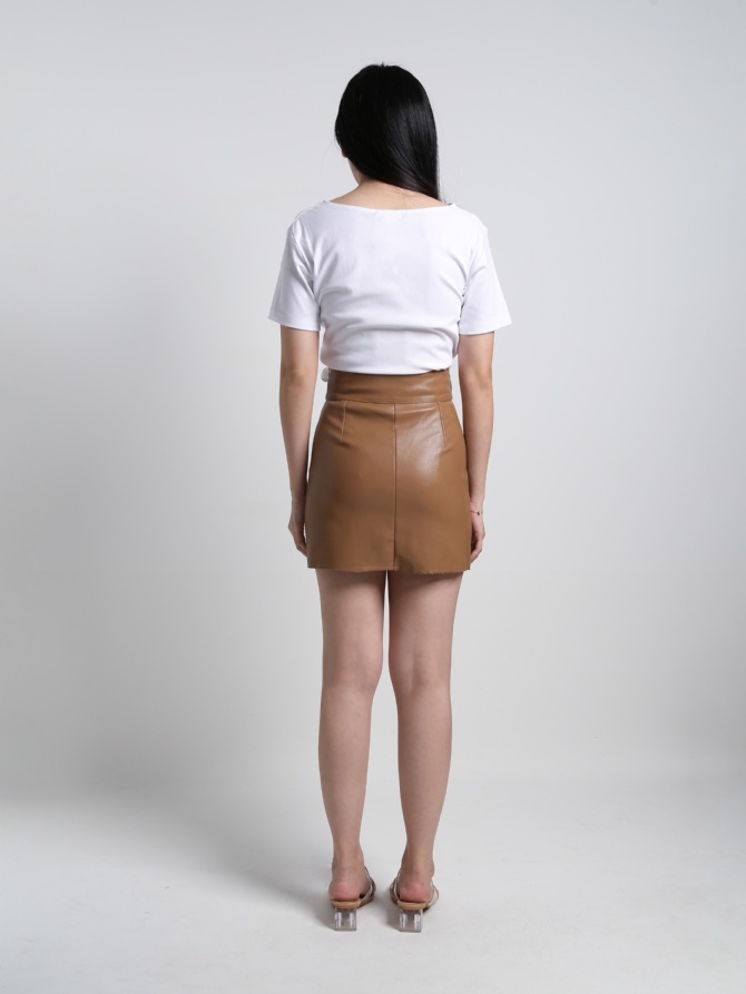 Leather Decorative Pearl Button Irregular Long Skirt 19727